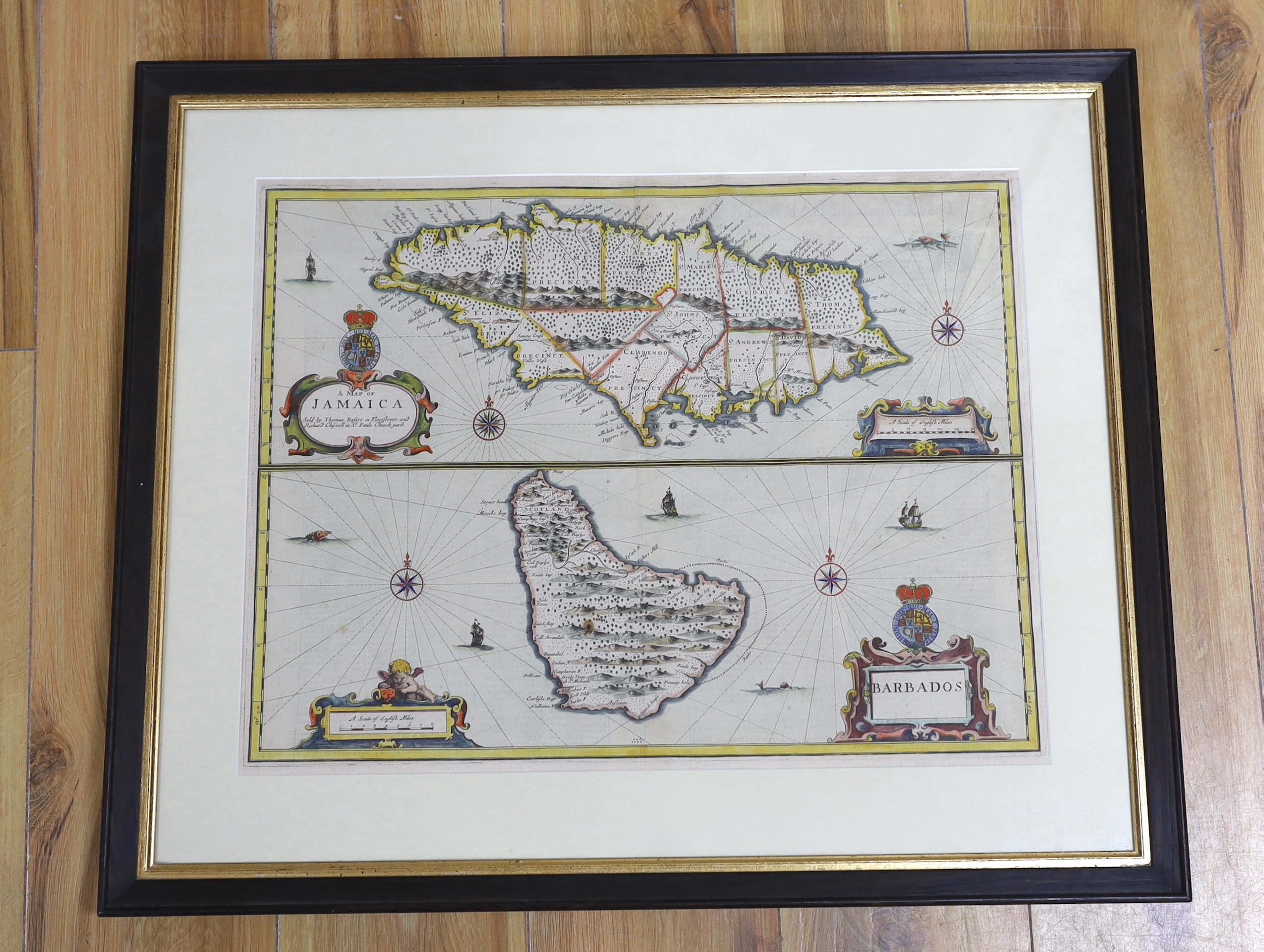 John Speed (1552-1629), Map of Jamaica and Barbados, hand coloured engraving, sold by Thomas Bassett and Richard Chiswell, 39 x 51cm